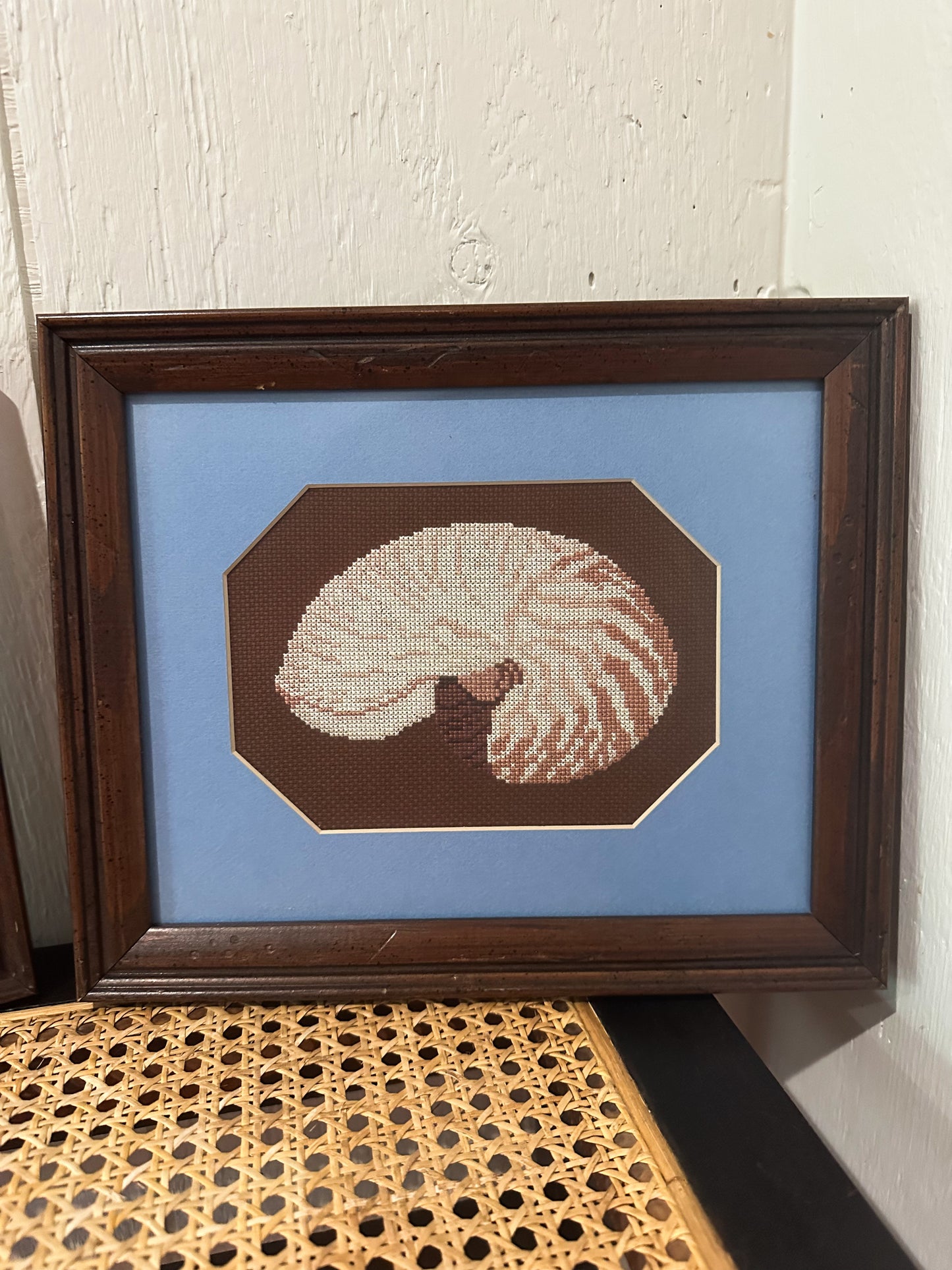 Pair of Framed Shell Cross Stitch