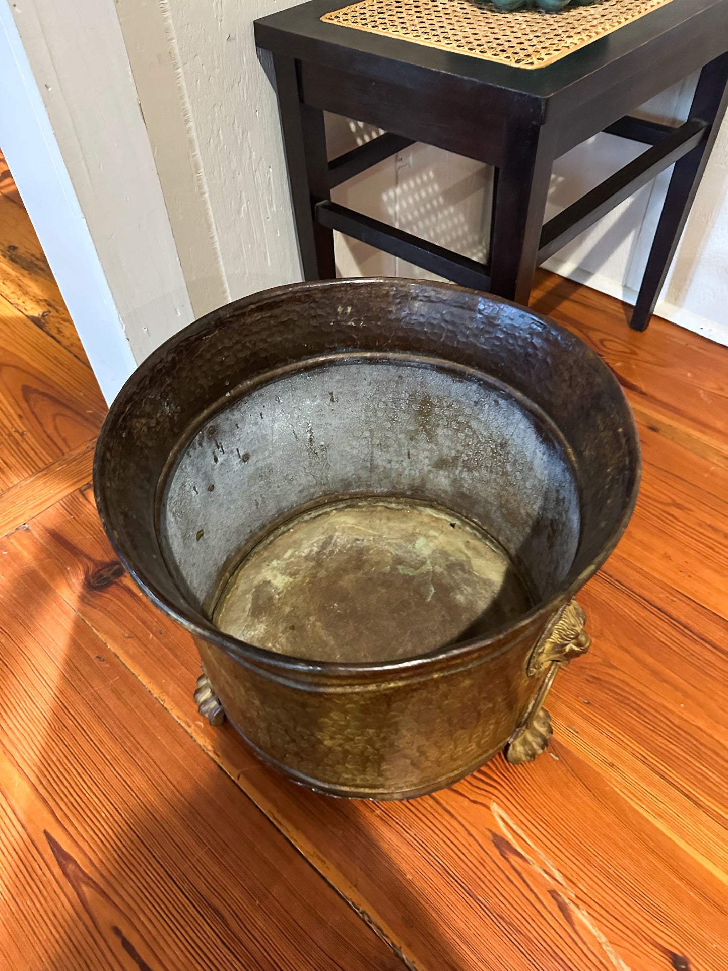 Huge Brass Lion Head Handled Planter