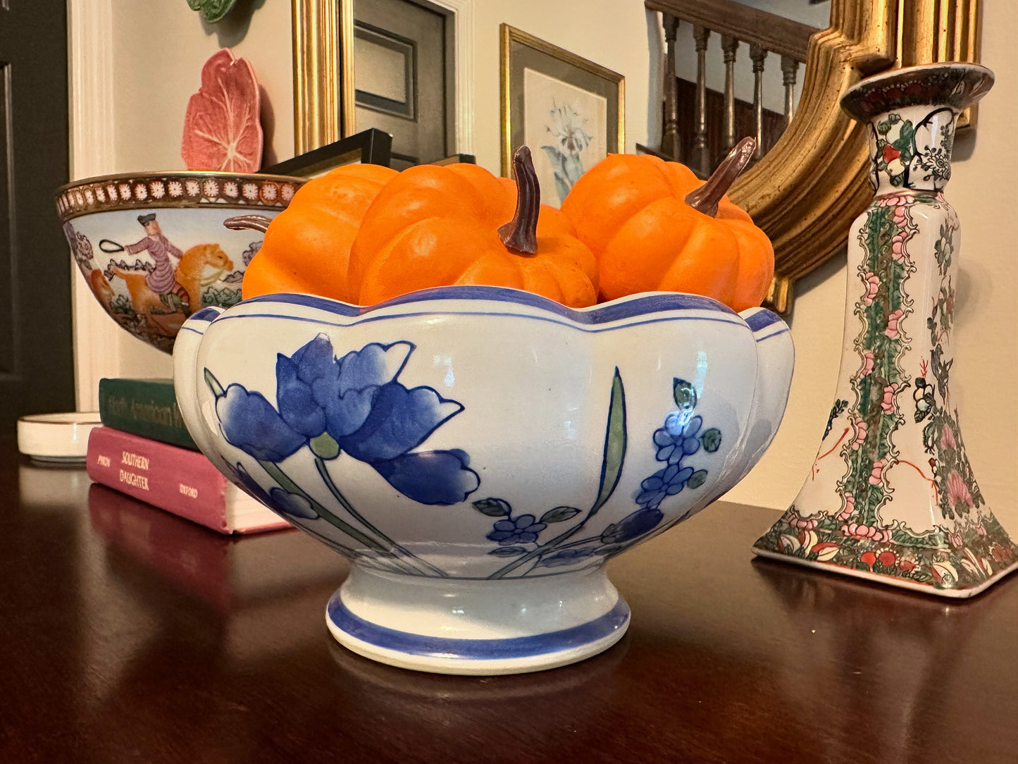 Green & Blue Floral Pedestal Bowl