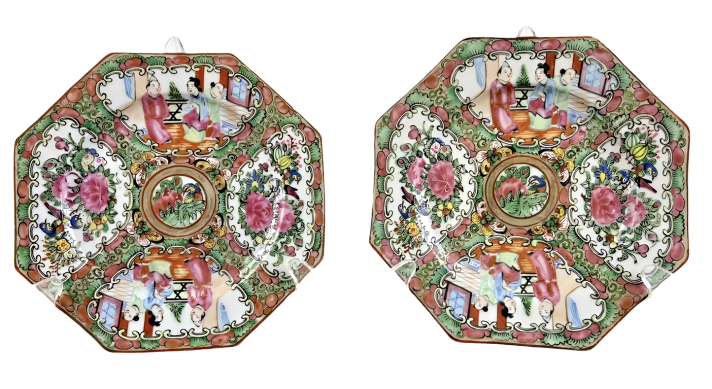 Pair of Octagon-Shaped Rose Medallion Plates
