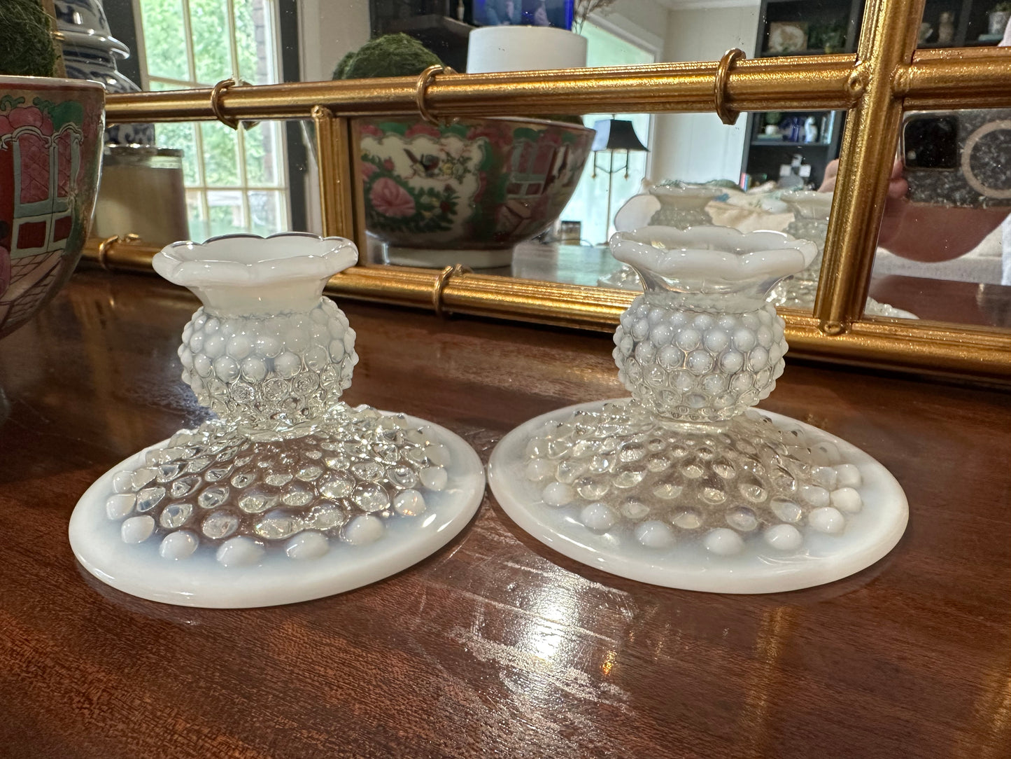 Fenton Hobnail Candlestick Holder Pair