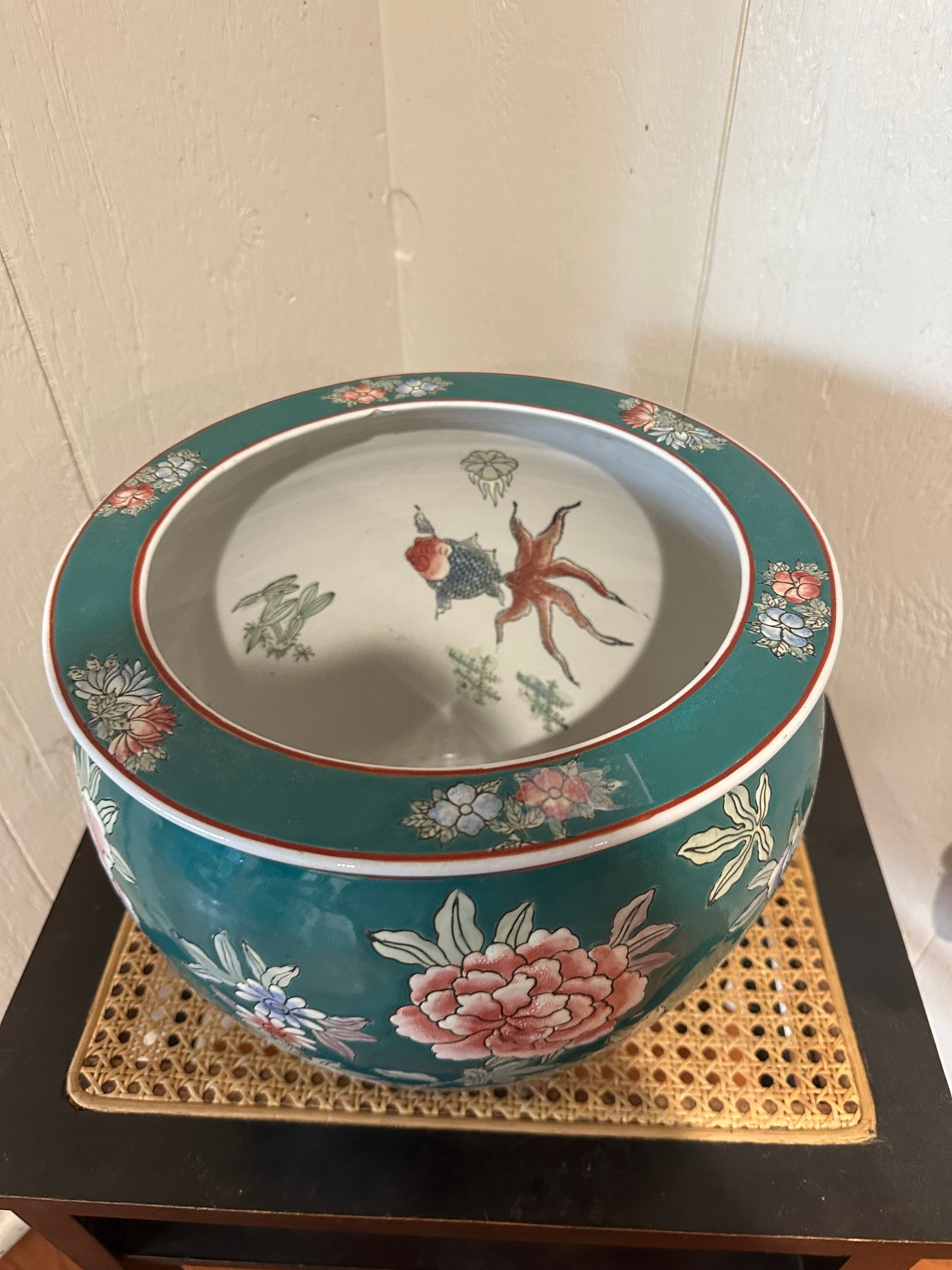 Teal Floral Fish Bowl Planter