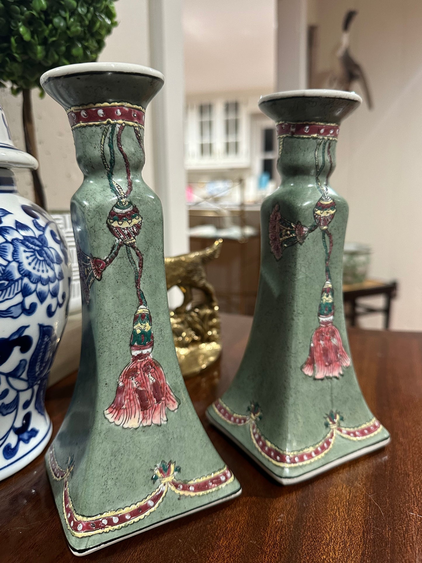 Green Tassel Candlestick Holders