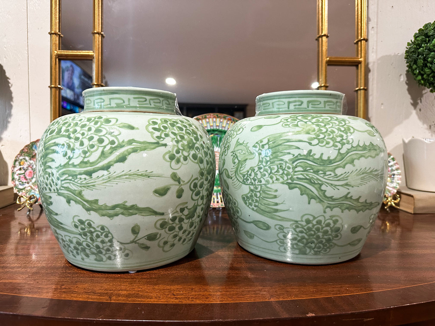 Pair of Green & White Ginger Jars