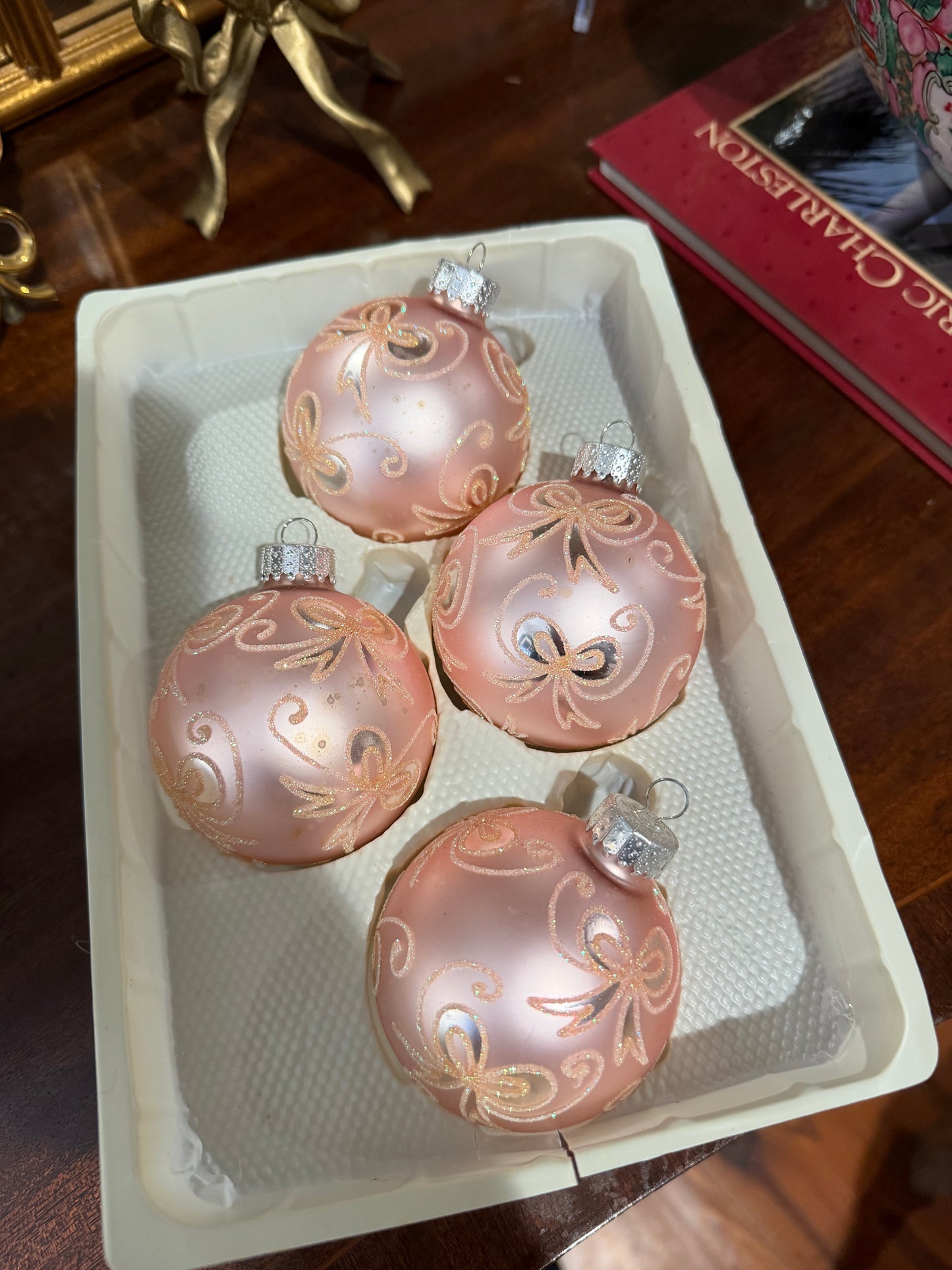 Pink Bow Glass Ornaments, Set of 4