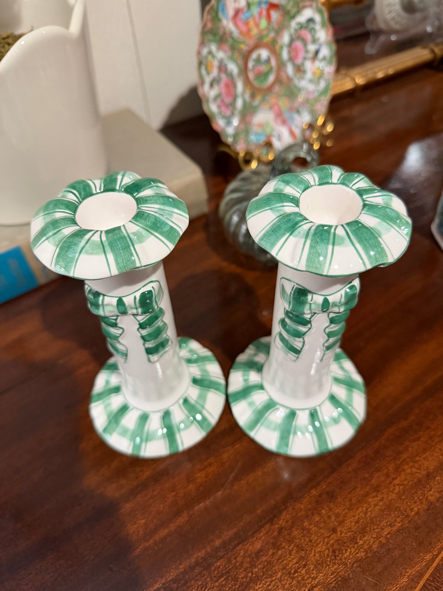 Green Striped Bow Candlestick Holder Pair