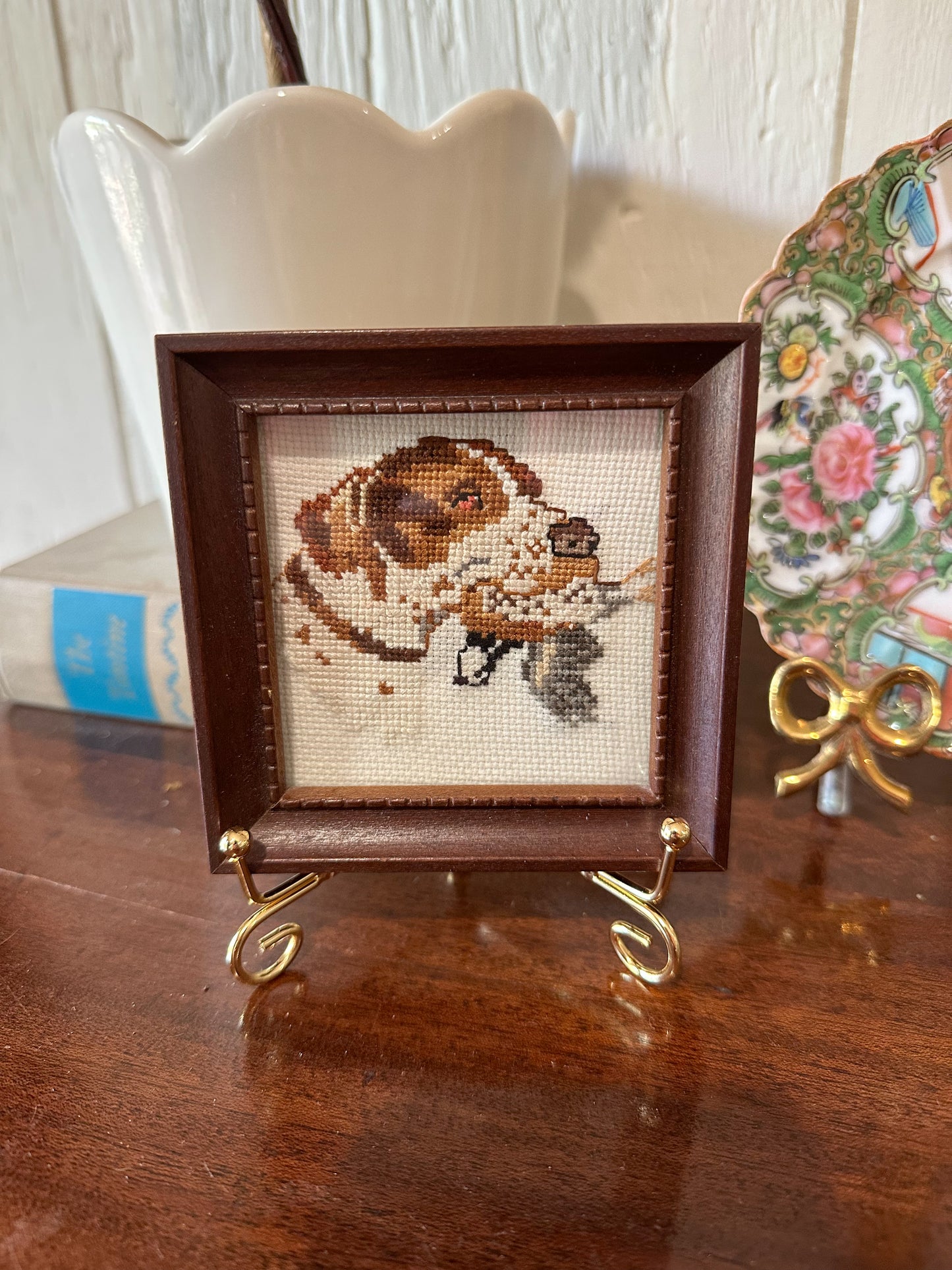 Framed Hunting Dog Cross Stitch with Stand