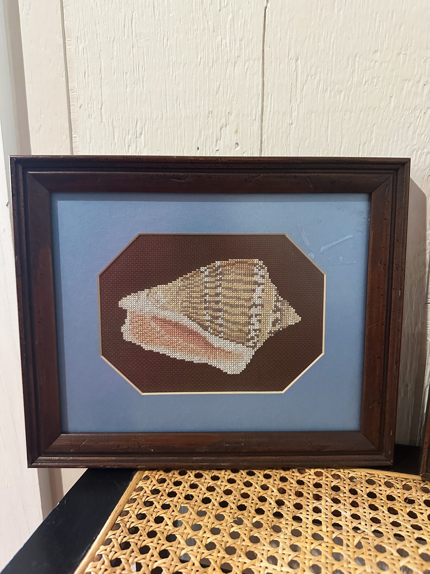 Pair of Framed Shell Cross Stitch