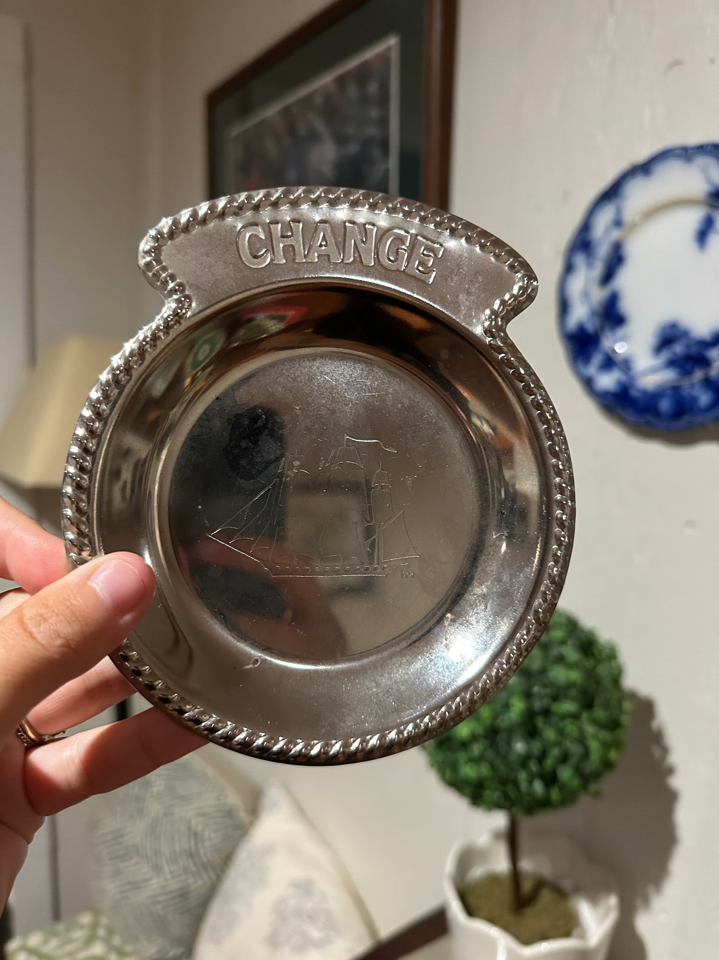 Silver Ship-Engraved Change Dish