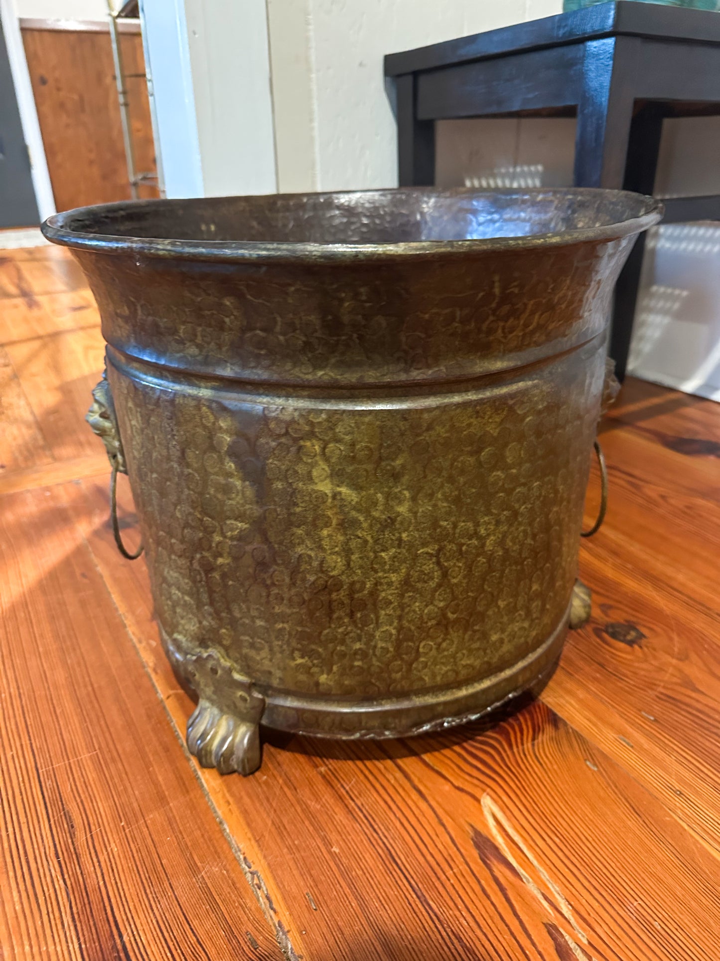 Huge Brass Lion Head Handled Planter