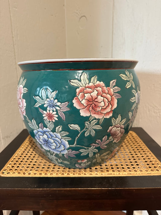 Teal Floral Fish Bowl Planter
