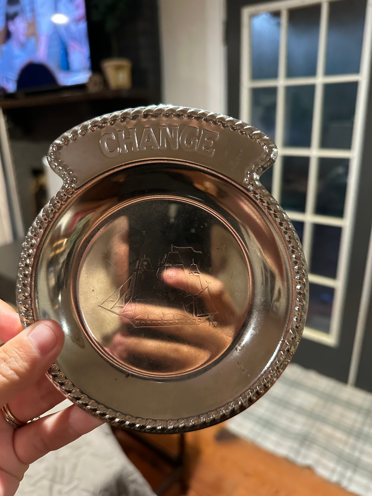 Silver Ship-Engraved Change Dish