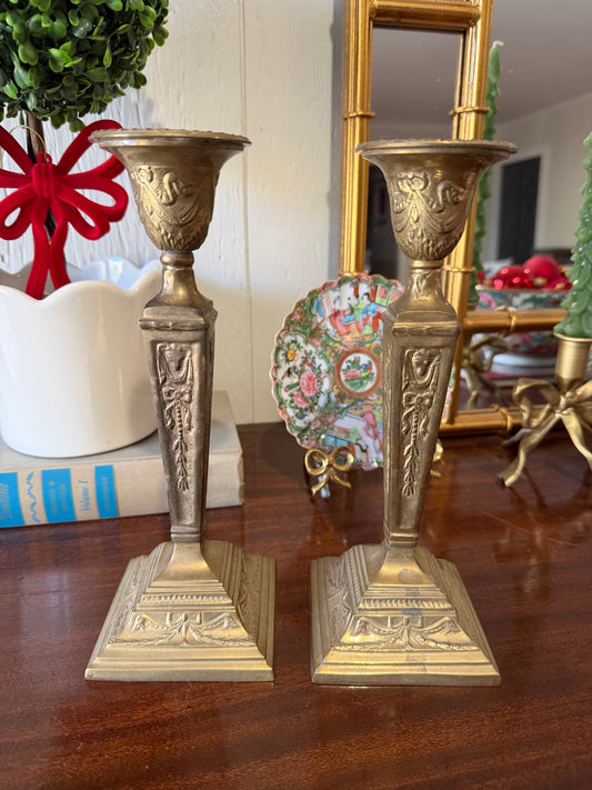 Brass Candlestick Pair with Bows