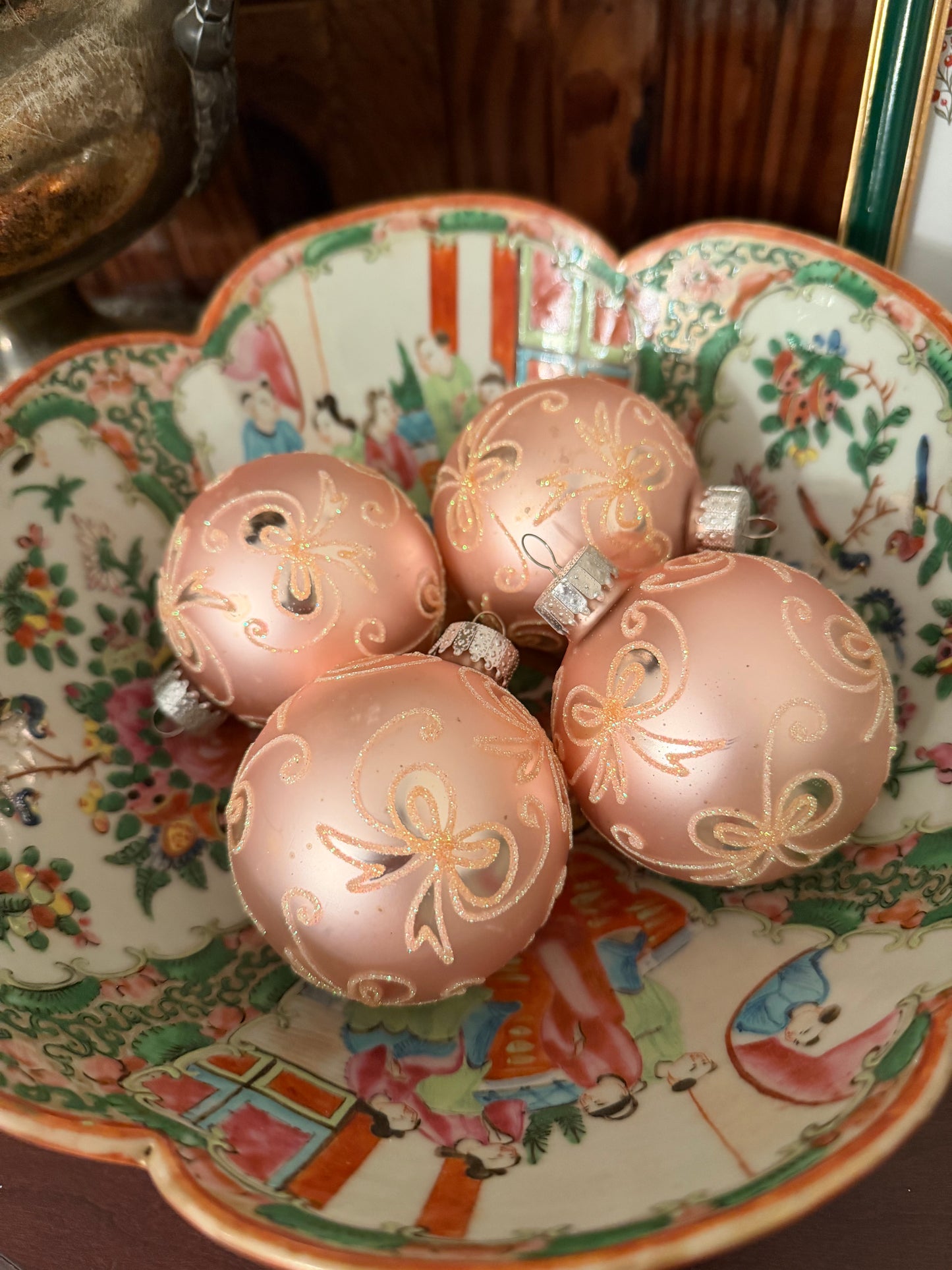Pink Bow Glass Ornaments, Set of 4