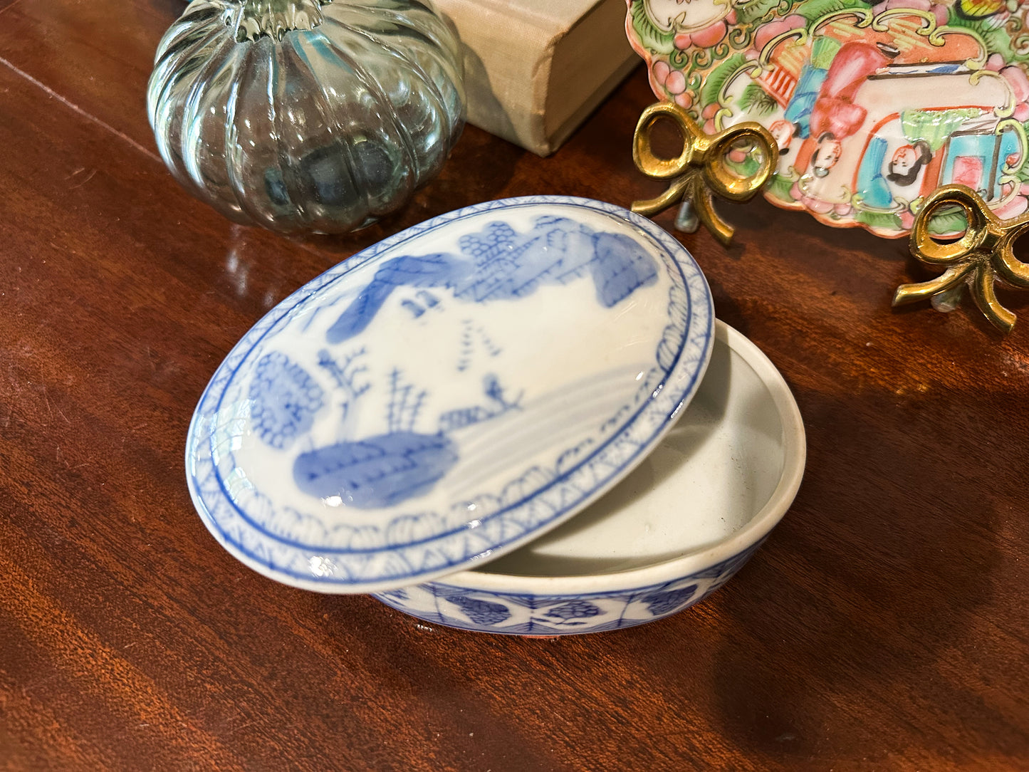 Oval Blue & White Trinket Box