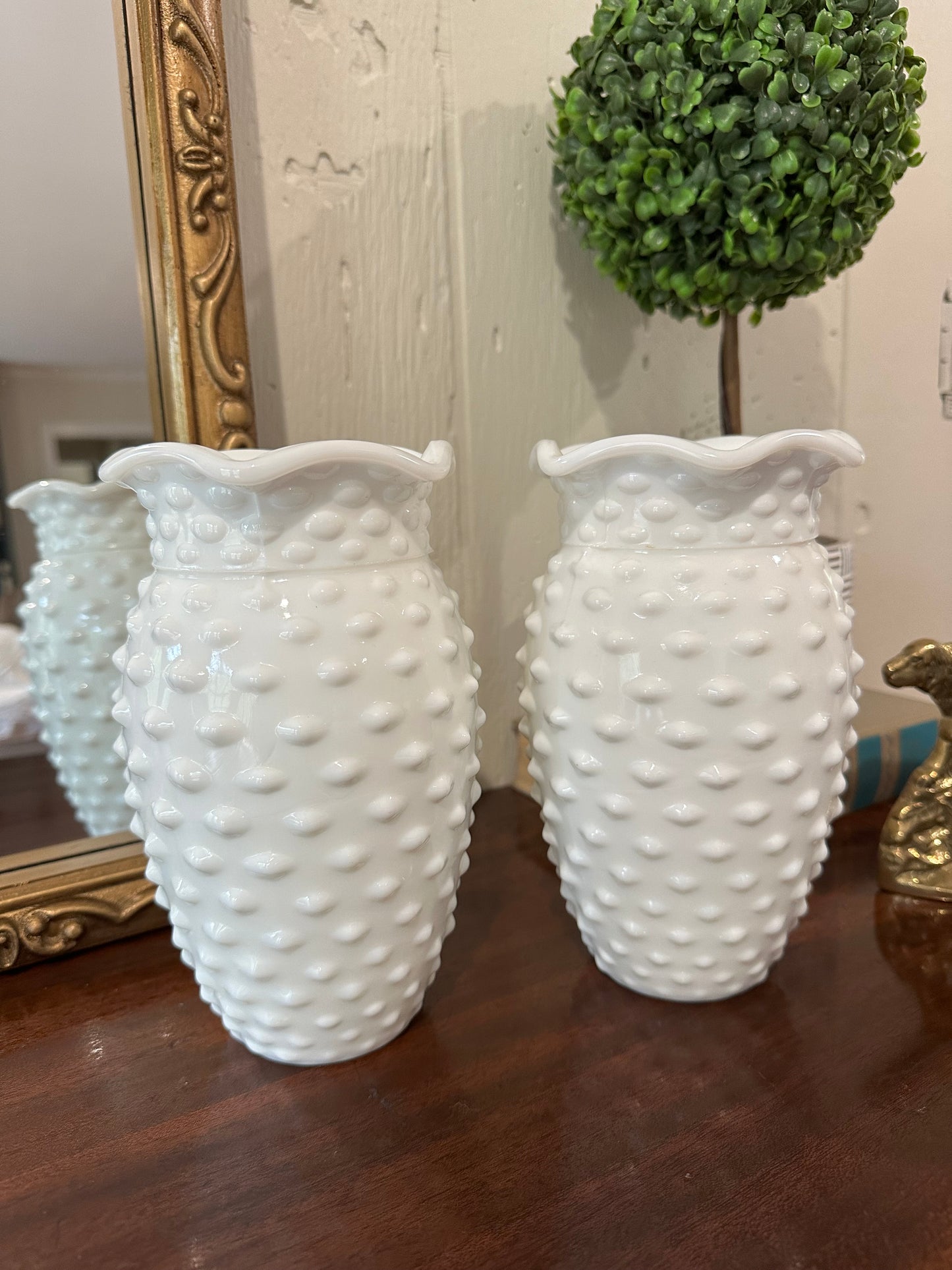 Matching Hobnail Milk Glass Vases