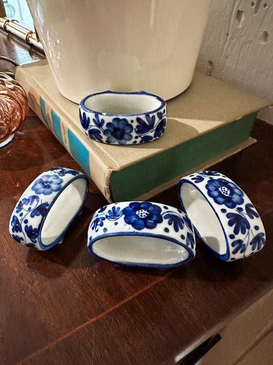 Set of 4 Blue & White Ceramic Napkin Rings