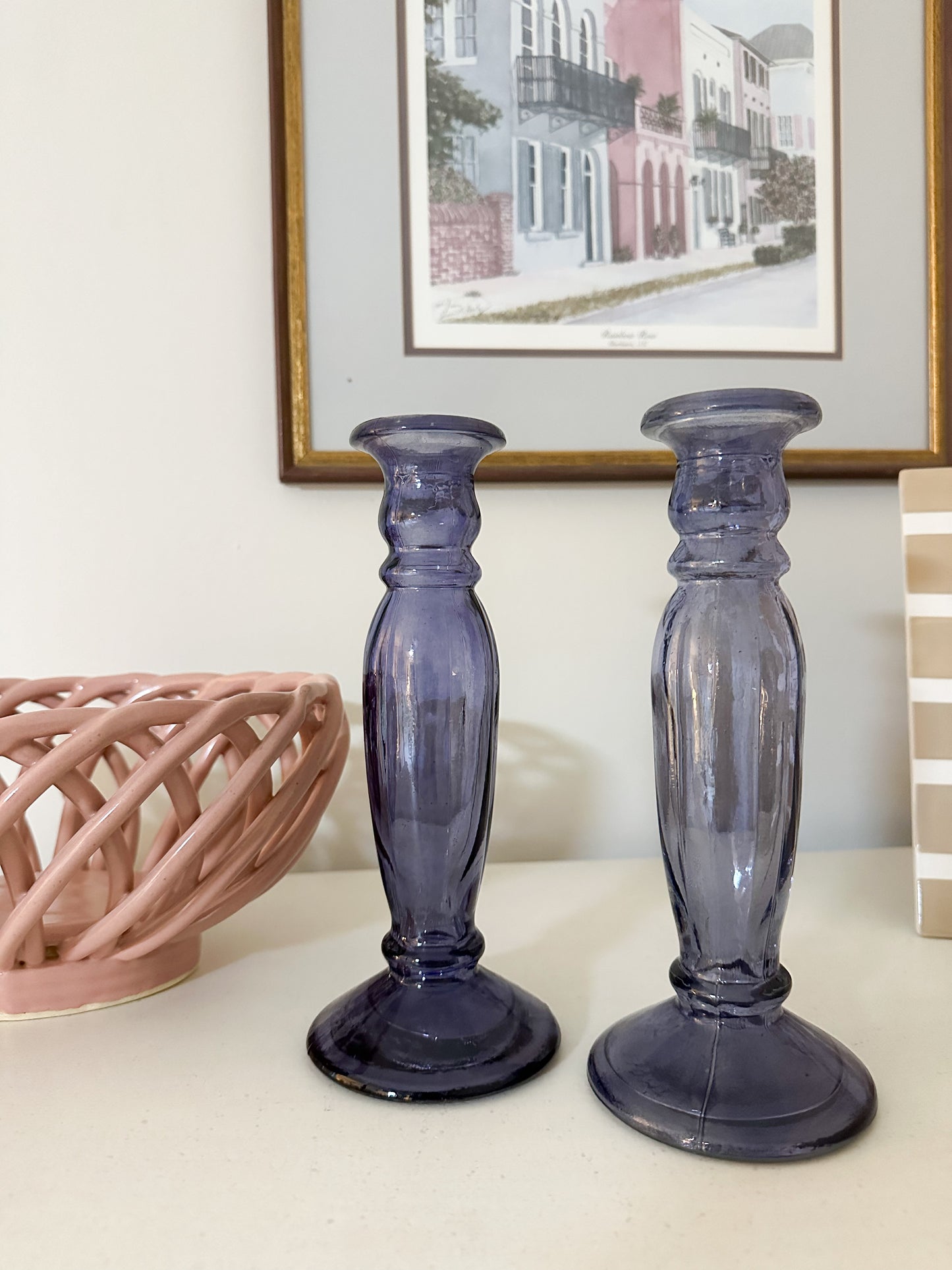 Blue Glass Candlestick Holder Pair