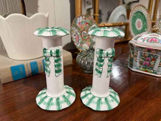 Green Striped Bow Candlestick Holder Pair