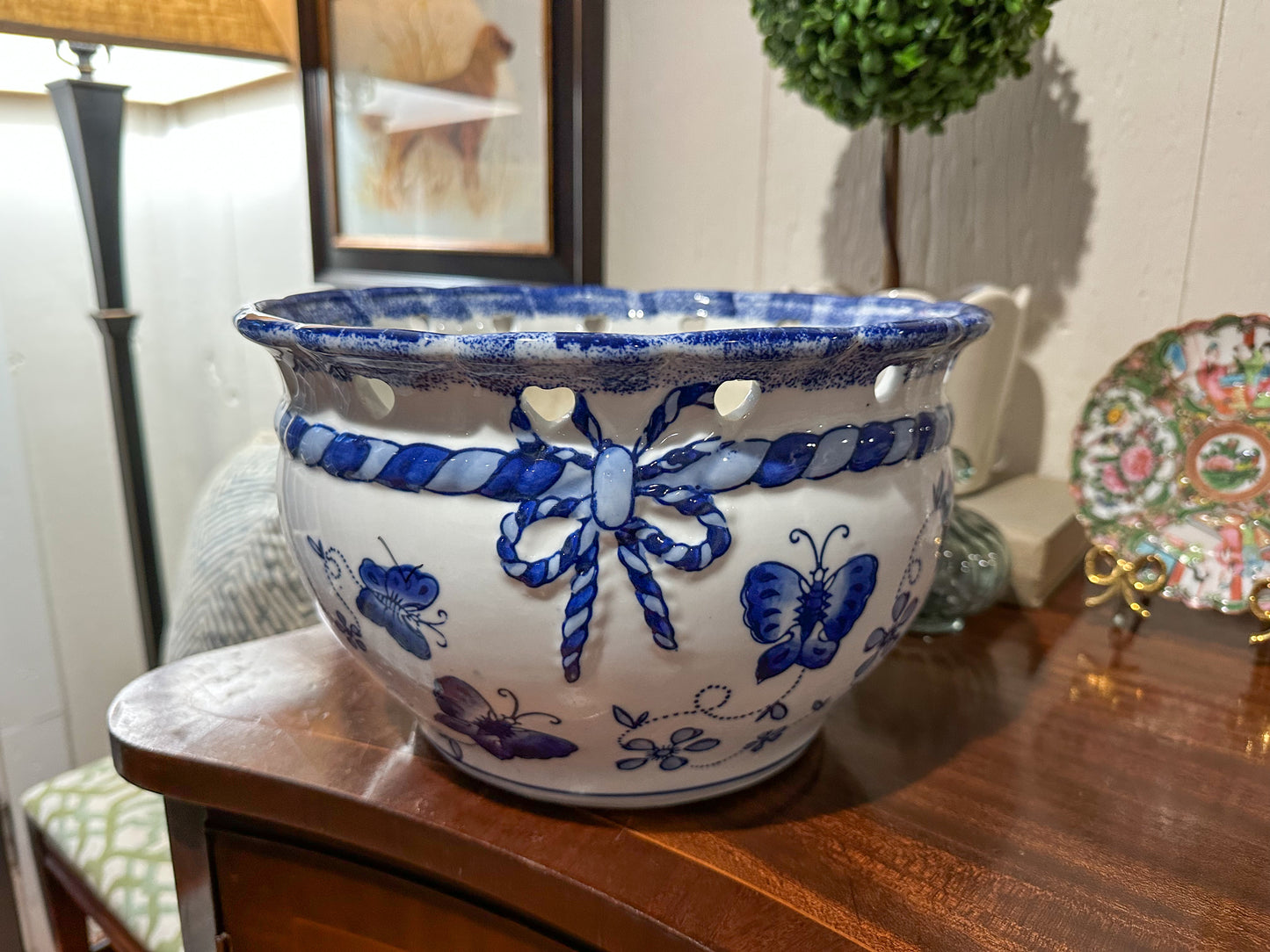 Blue & White Bow Planter