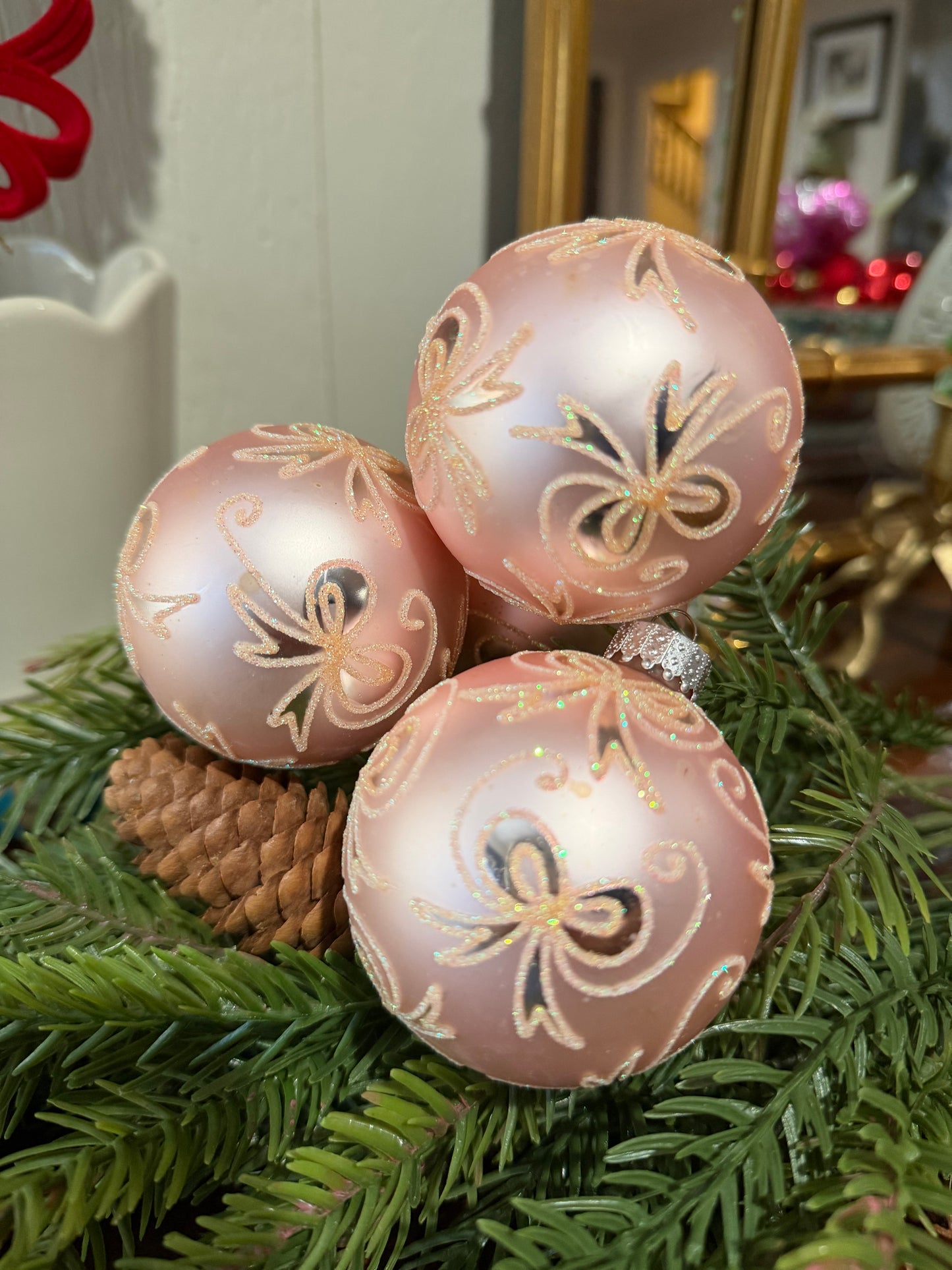 Pink Bow Glass Ornaments, Set of 4
