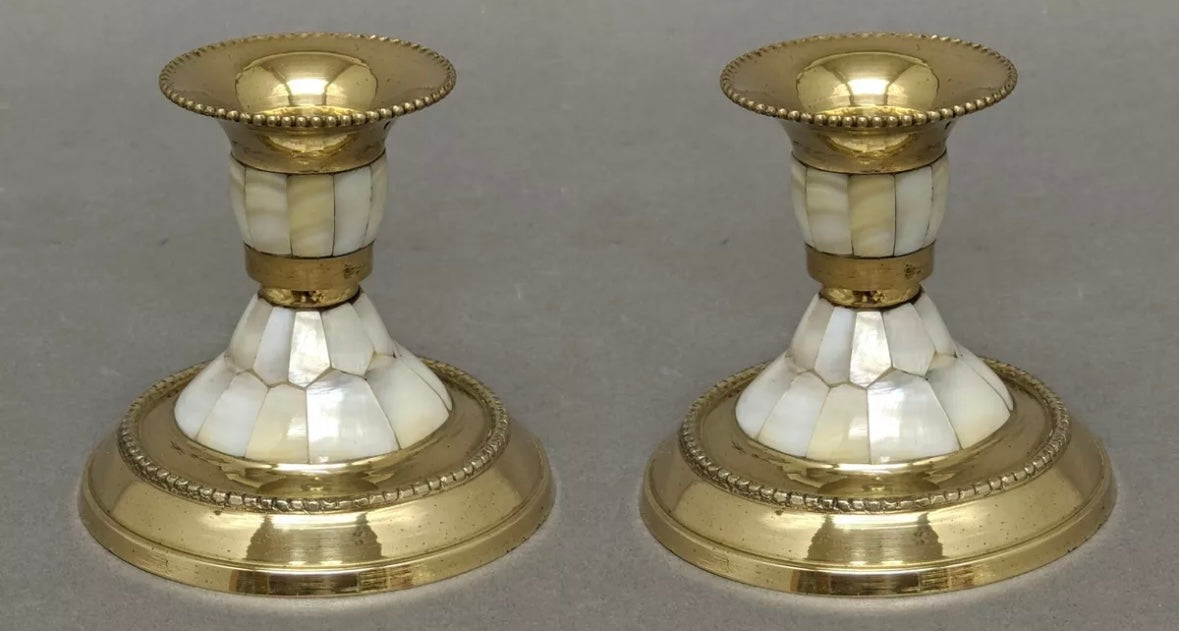 Brass & Mother of Pearl Candlestick Holder Set