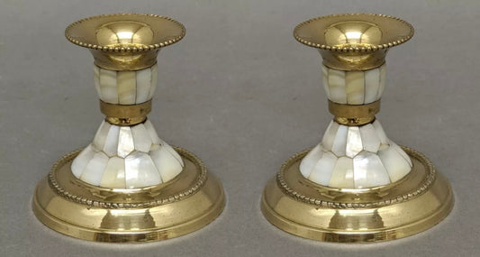Brass & Mother of Pearl Candlestick Holder Set
