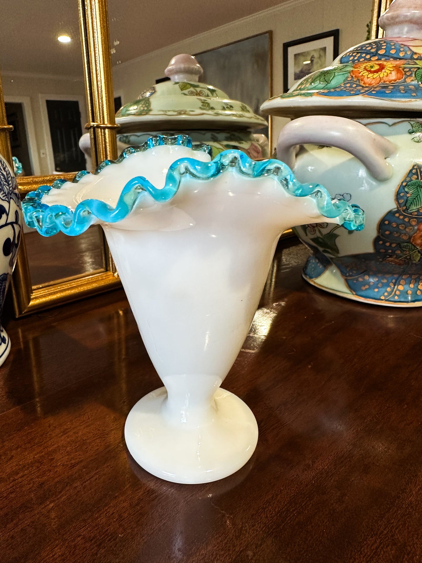 Blue-Rimmed Fenton Vase