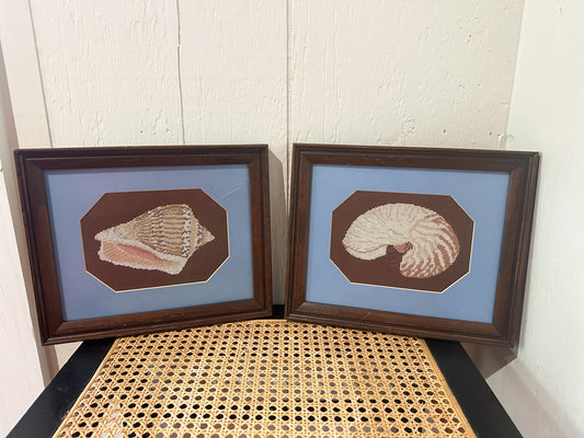 Pair of Framed Shell Cross Stitch
