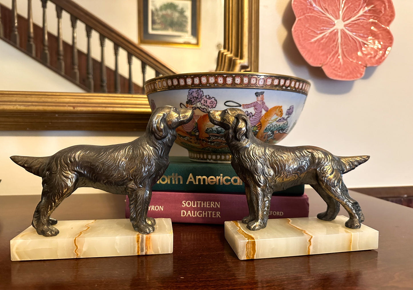 Bronze Dog Bookends with Marble Bases