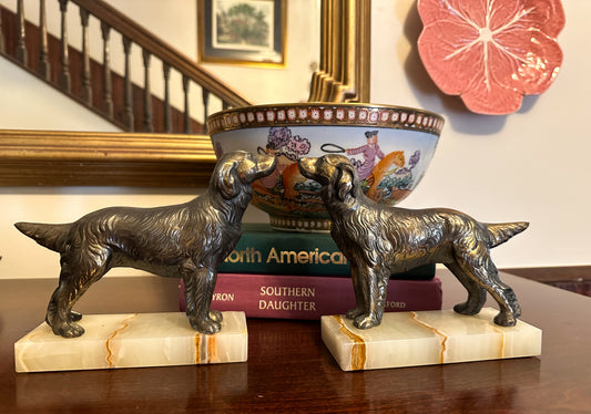 Bronze Dog Bookends with Marble Bases