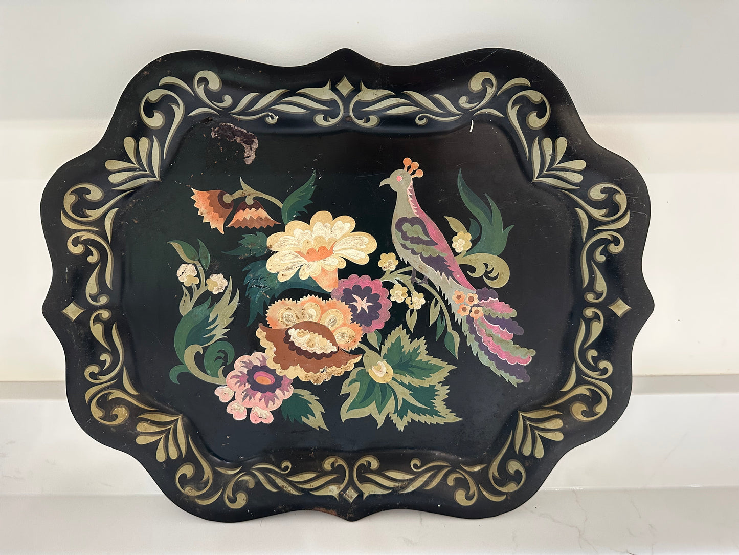 Black Floral Metal Tray