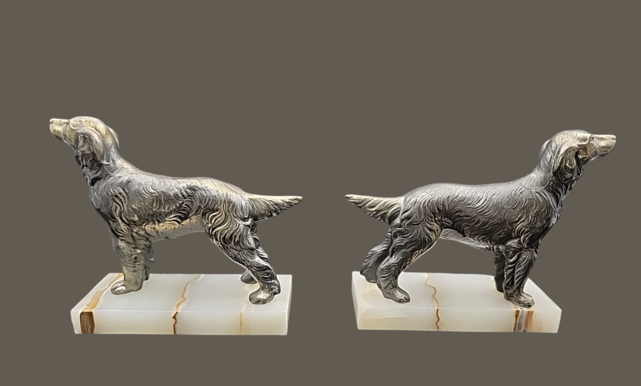 Bronze Dog Bookends with Marble Bases