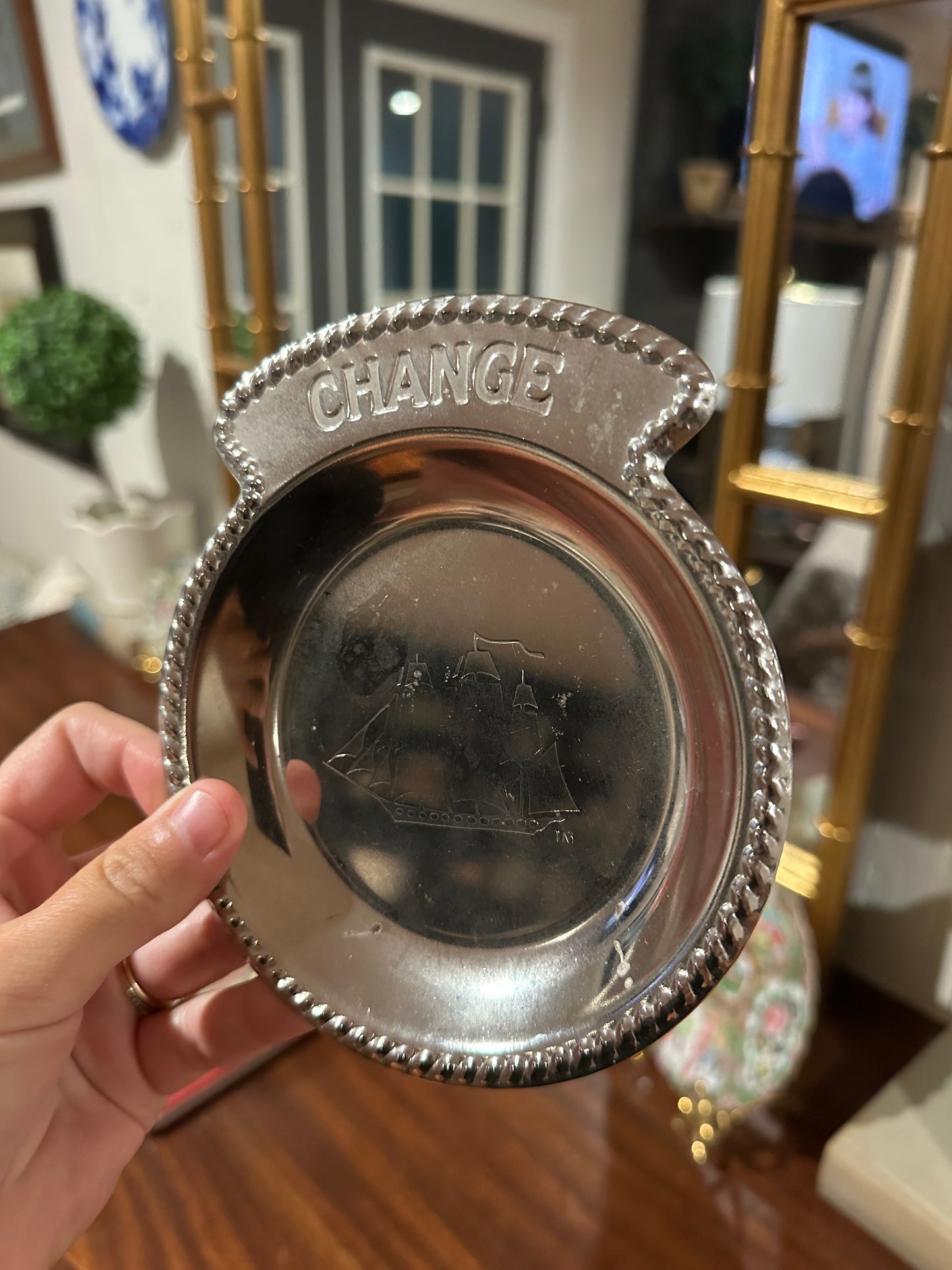 Silver Ship-Engraved Change Dish
