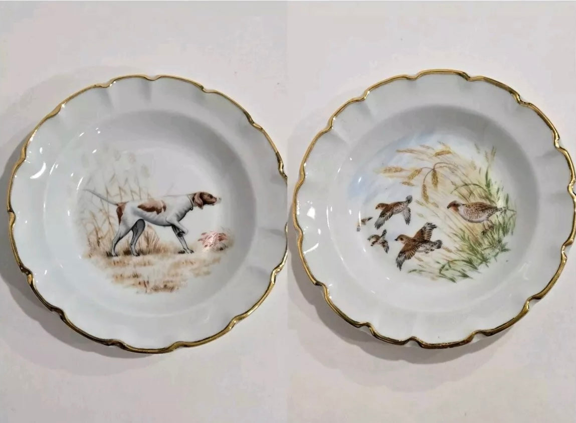 Pair of Limoges Hunting Dog & Quail Trinket Dishes