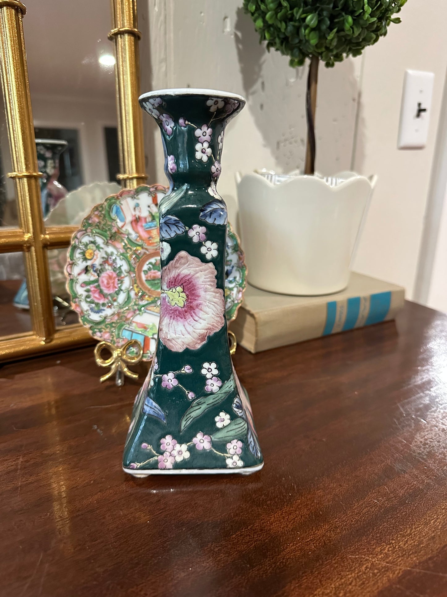 Teal Floral Candlestick