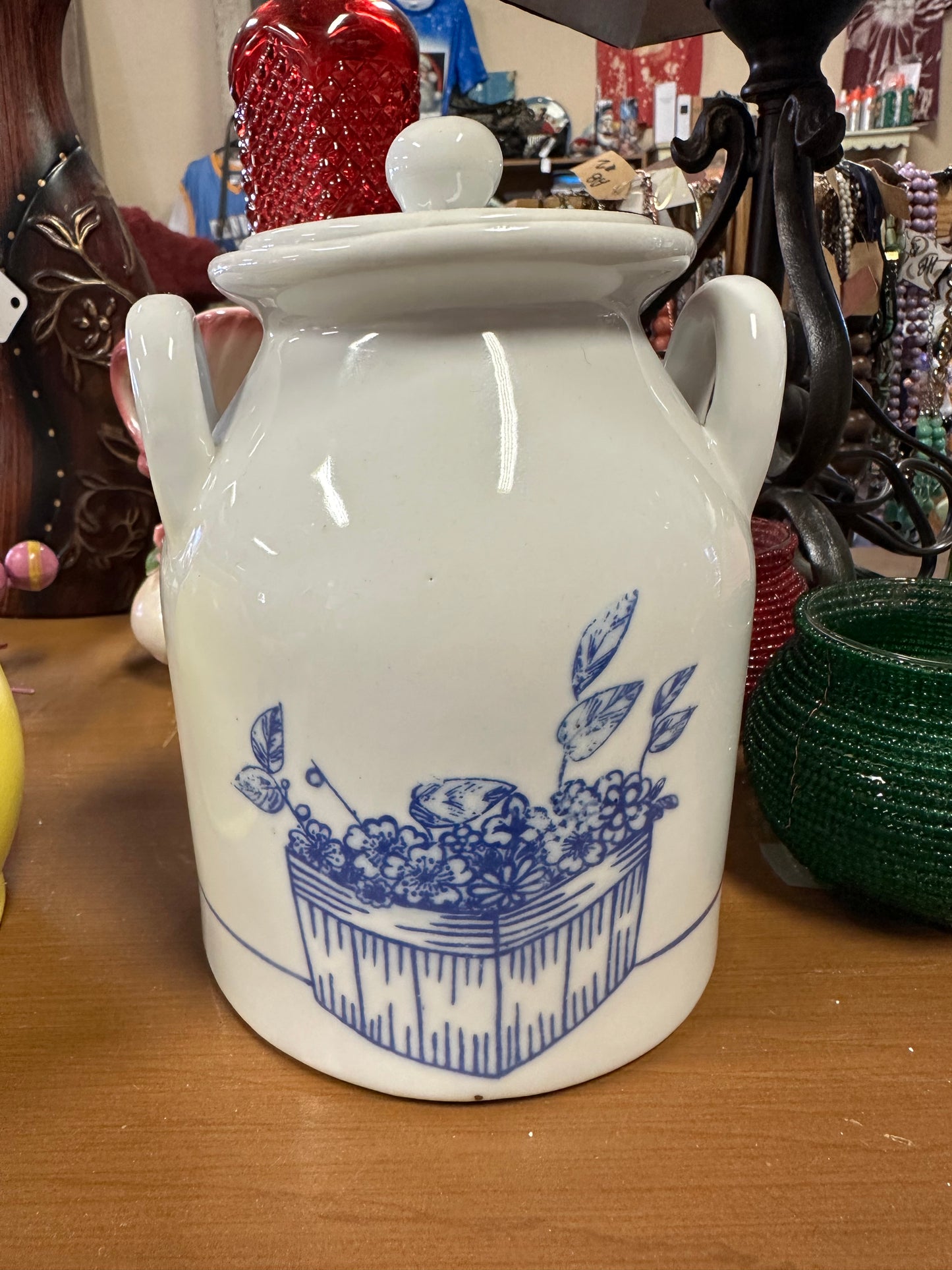 Vintage Blue Flower Basket Crock