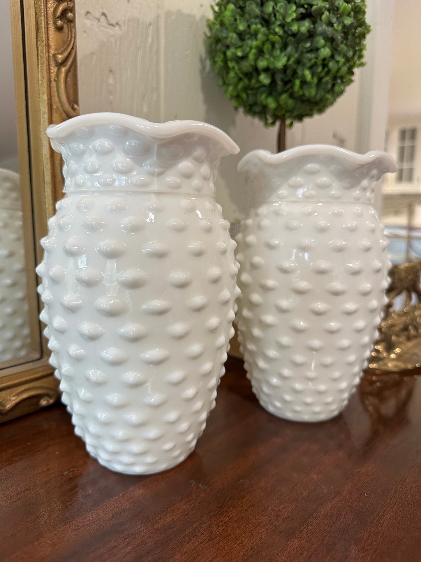 Matching Hobnail Milk Glass Vases