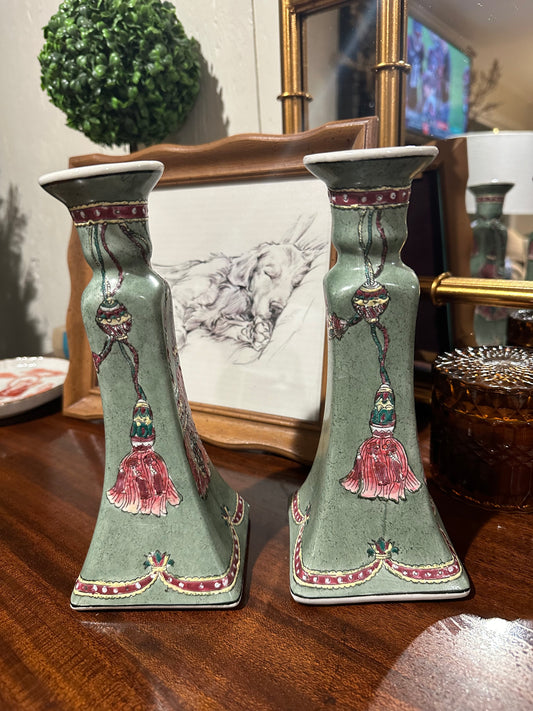 Green Tassel Candlestick Holders