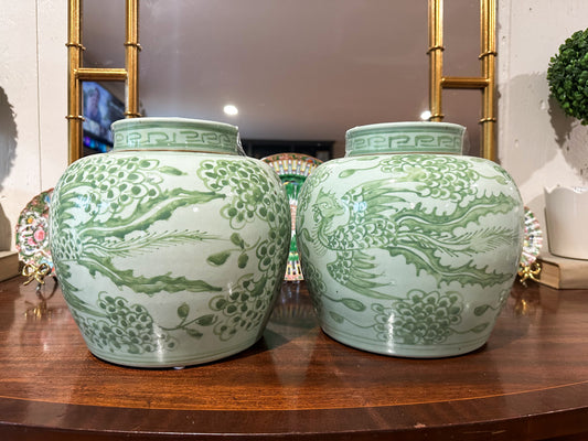 Pair of Green & White Ginger Jars