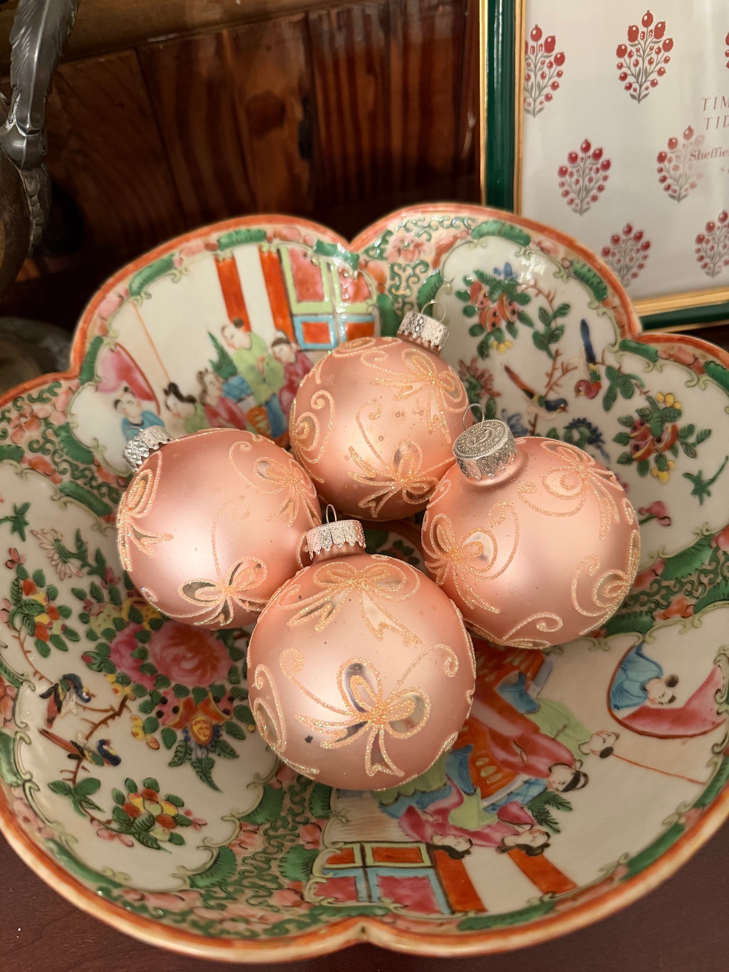 Pink Bow Glass Ornaments, Set of 4