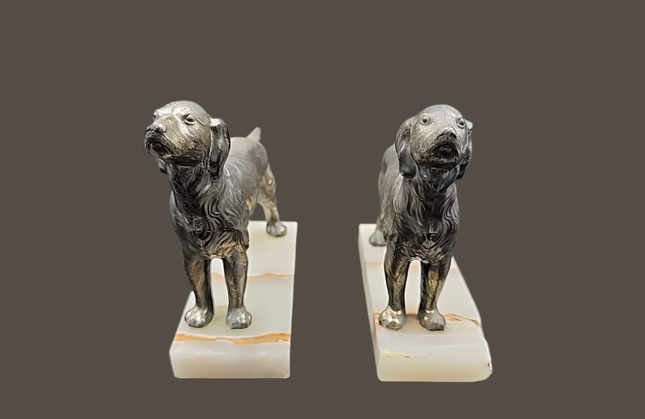 Bronze Dog Bookends with Marble Bases