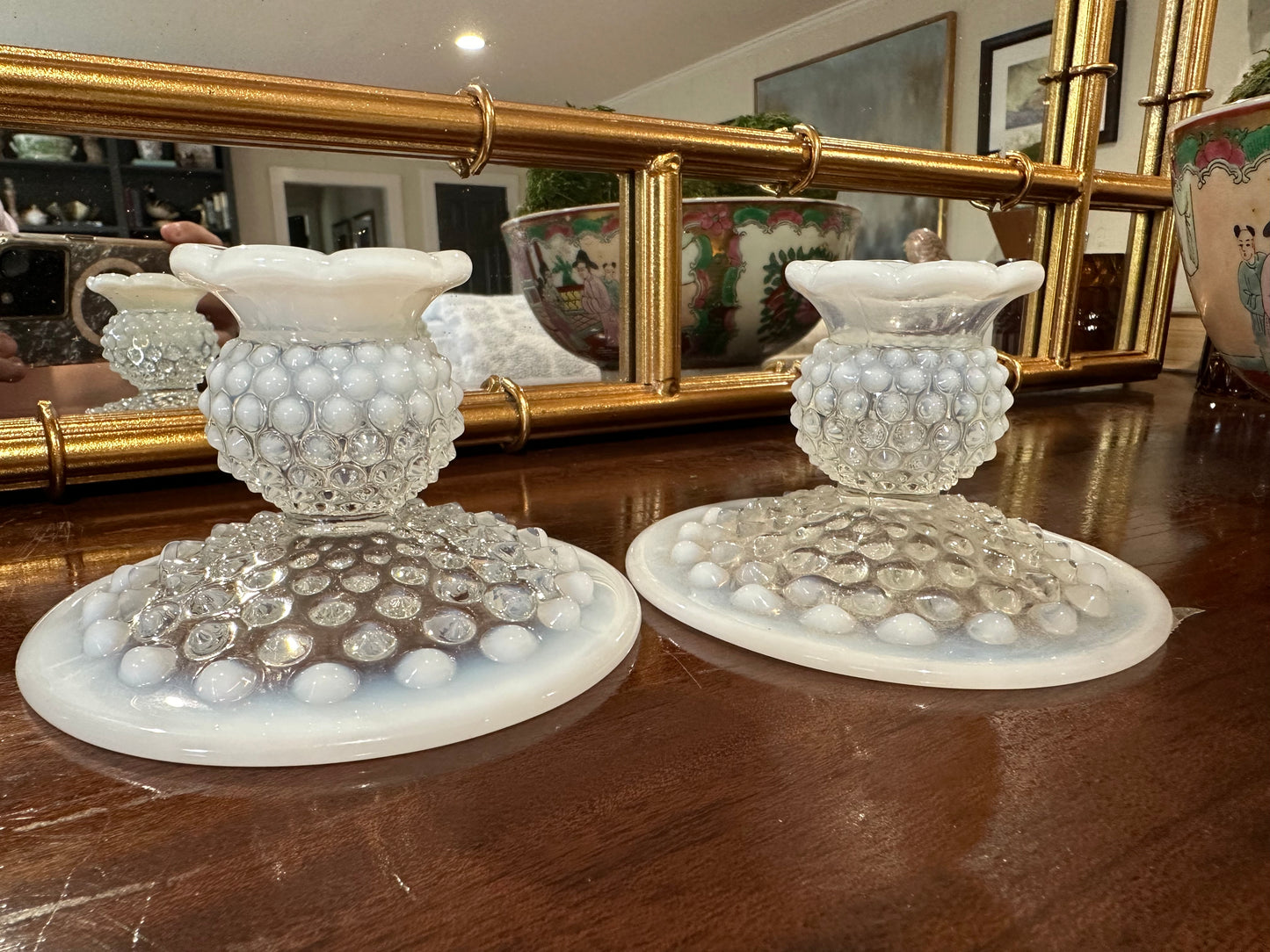 Fenton Hobnail Candlestick Holder Pair