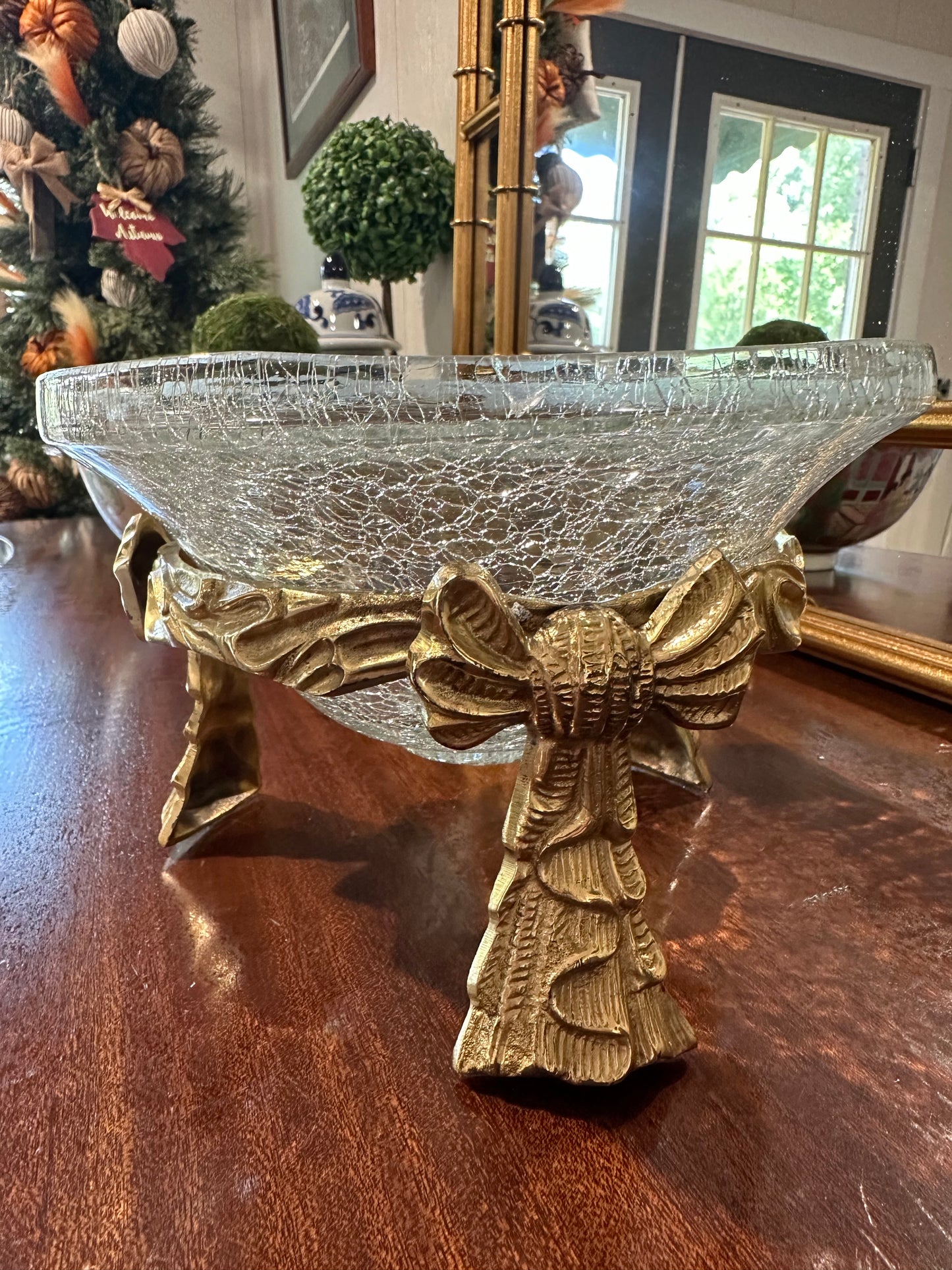 Brass Bow & Crackle Glass Compote Bowl
