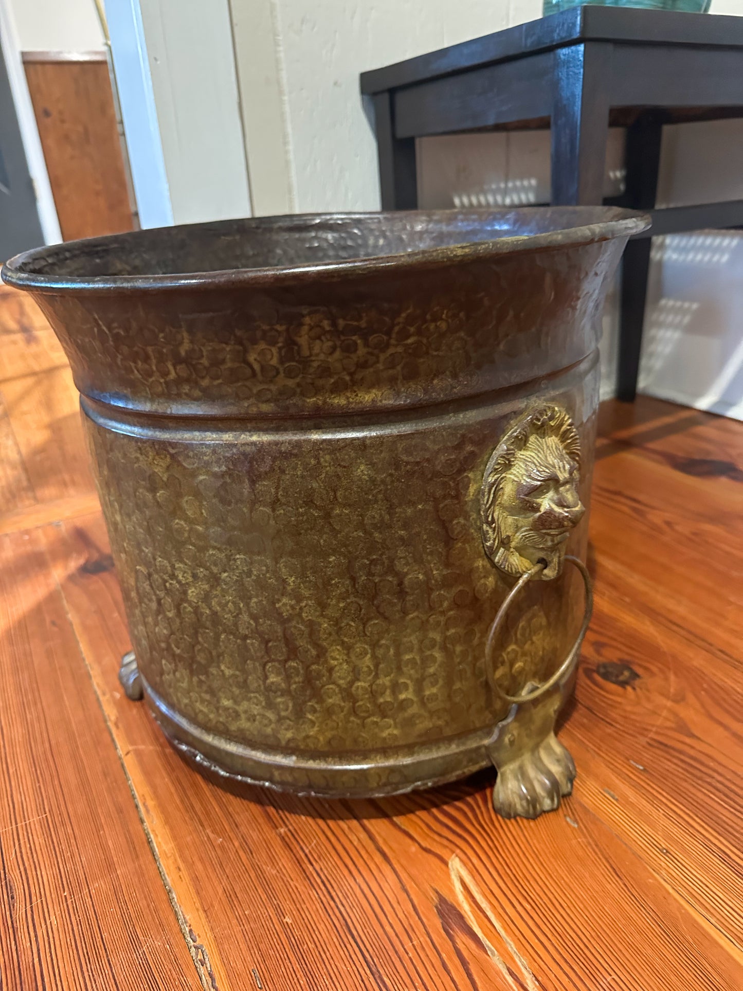 Huge Brass Lion Head Handled Planter