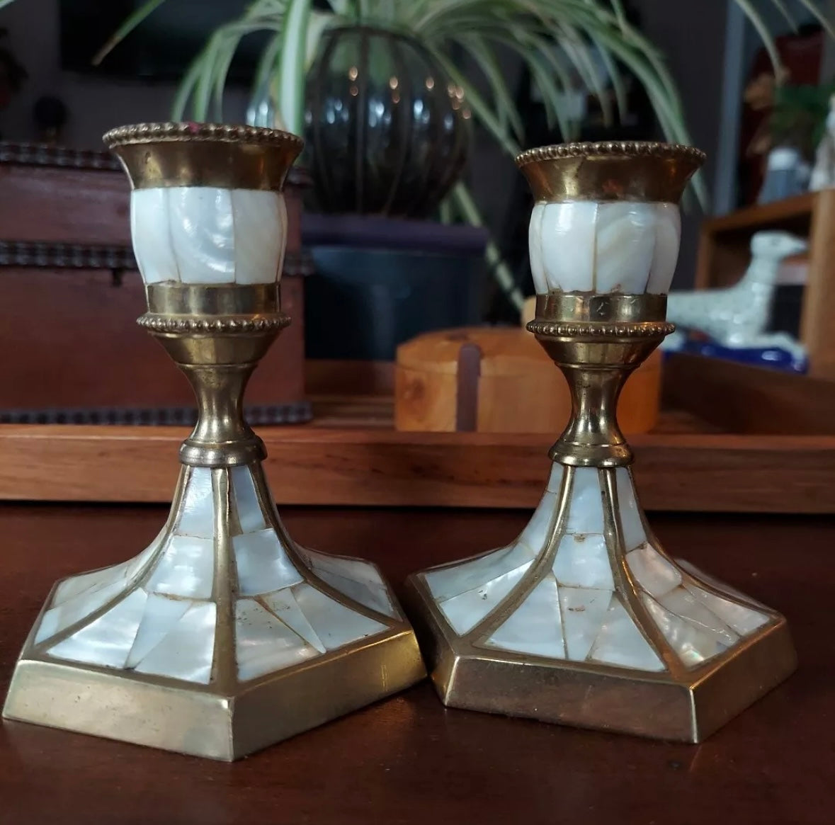 Brass & Mother of Pearl Candlestick Holder Set