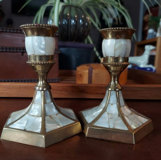 Brass & Mother of Pearl Candlestick Holder Set
